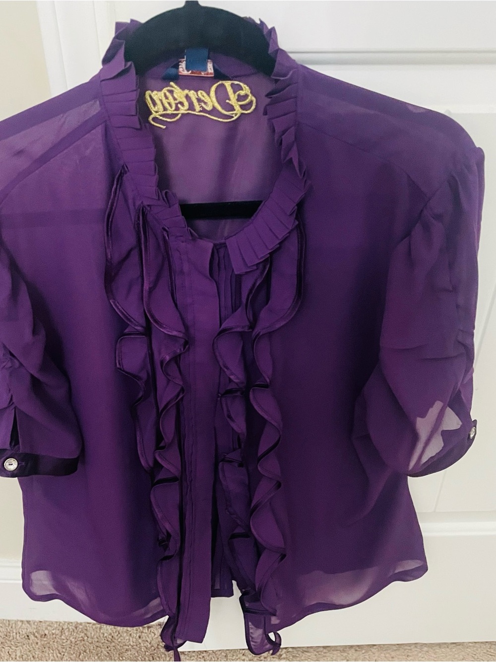 Dereon Purple Sheer Ruffle Front Blouse (Women’s Romantic Top)